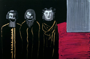 David Hockney / 
Three Singers on the Stage, 1981 / 
gouache / 
20 x 30 in. (50.8 x 76.2 cm) / 
Private collection