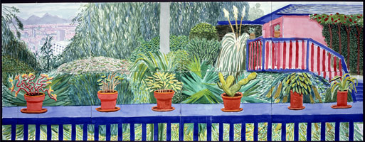 David Hockney  / 
View From Terrace III, 2003 / 
watercolor on paper (8 sheets) / 
Paper: 36 1/4 x 96 in. (92.1 x 243.8 cm) / 
Framed: 39 1/2 x 99 1/4 in. (100.3 x 252.1 cm) / 
Private collection