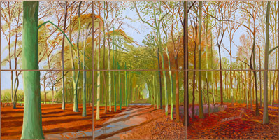 David Hockney  / 
Woldgate Woods, 21, 23 and 29 November, 2006 / 
oil on six canvases / 
Each: 36 x 48 in. (91.4 x 121.9 cm) / 
Overall: 72 x 144 in. (182.9 x 365.8 cm) / 
Private collection