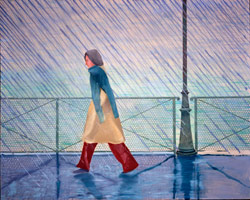 David Hockney / 
Yves Marie in the Rain, 1973 / 
oil on canvas / 
48 x 60 in. (121.92 x 152.4 cm) / 
Private collection