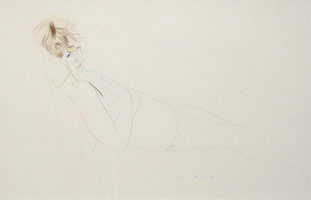 David Hockney / 
Celia, 1974 / 
colored pencil on paper / 
14 x 21 1/2 in. (35.6 x 54.6 cm) / 
Private collection