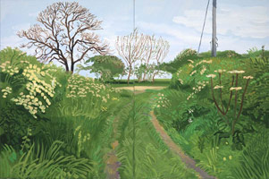 David Hockney / 
Woldgate Lane to Burton Agnes, 2007 / 
      Oil on two (2) canvases / 
      each: 48 x 36 in. (121.9 x 91.4 cm) overall: 48 x 72 in. (121.9 x 182.9 cm)