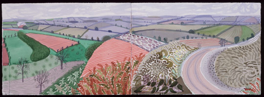 David Hockney  / 
East Yorkshire. Spring Landscape, 2004 / 
watercolor on paper (2 sheets) / 
29 1/2 x 83 in. (74.5 x 210.8 cm) Framed: 32 3/4 x 85 7/8 in. (83.2 x 218 cm) / 
Private collection 