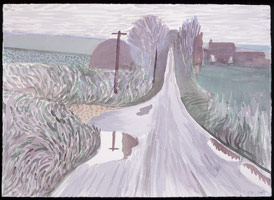 David Hockney / 
Lovely Day with Puddles, 2004 / 
watercolor on paper / 
29 1/2 x 41 1/2 in. (74.5 x 105.4 cm / 
Framed: 32 3/4 x 44 1/2 in. (83.2 x 113 cm) / 
Private collection