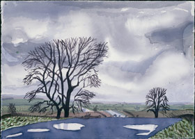 David Hockney  / 
Trees & Puddles. East Yorkshire, 2004  / 
watercolor on paper  / 
29 1/2 x 41 1/2 in. (74.5 x 105.4 cm) Framed: 32 3/4 x 44 1/2 in. (83.2 x 113 cm)  / 
Private collection 