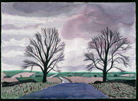 David Hockney / 
Two Trees, East Yorkshire, 2004 / 
watercolor on paper / 
29 1/2 x 41 1/2 in. (74.5 x 105.4 cm) / 
Framed: 32 3/4 x 44 1/2 in. (83.2 x 113 cm) / 
Private collection