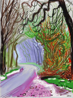 David Hockney / 
The Arrival of Spring in Woldgate, East Yorkshire in 2011 (twenty eleven) / 
- 1 January / 
iPad drawing printed on paper / 
57 x 44 in. (145 x 112 cm) framed / 
Edition of 25 / 
Private collections