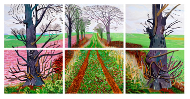 David Hockney  / 
A Closer Winter Tunnel, 2006 / 
oil on 6 canvases / 
Each: 36 x 48 (91.5 x 122 cm) / 
Overall: 75 x 150 in. (190.5 x 381 cm) / 
Collection of Art Gallery New South Wales