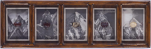 Don Suggs / 
Beans (Five Mountains), 1987 / 
beans, found photographs, display frame / 
4 x 13 in. (10.2 x 33 cm) 