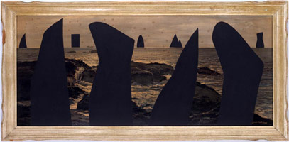 Don Suggs / 
Paint On (Erratics), 1981 / 
acrylic on found print with frame / 
26 x 53 in. (66 x 134.6 cm)