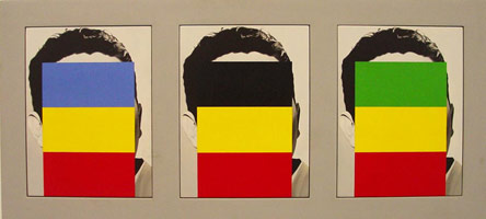 Don Suggs / 
Citizens: an Ivorian/a Belgian/a Chadian, 1987 - 1988 / 
oil and alkyd on panels / 
Framed: 16 x 35 in. (40.6 x 88.9 cm) 