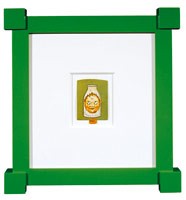 Marcel Duchamp / Baby in a Bottle Pull Toy, ca. 1963 / Readymade toy / 4 3/8 x 3 in. (11.1 x 7.6 cm) /
Framed Dimensions: 17 3/4 x 17 3/4 x 2 1/4 in. (45.1 x 45.1 x 5.7 cm)