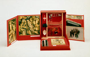 Marcel Duchamp / 
De ou par Marcel Duchamp ou Rrose Sélavy or the Boîte-en-valise [From or by Marcel Duchamp or Rrose Sélavy] or the Box in a Valise, 1966 / 
Miniature replicas and color reproductions of works by Duchamp contained in a cloth-covered cardboard box enclosed in a valise of read leather Contains 68 items, as well as 12 additional reproductions that were printed between 1963 and 1965 and mounted on three loose black folders / 
Box Dimensions: 16 5/16 x 15 1/8 x 3 9/16 in. (41.4 x 38.4 x 9 cm)