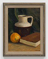 Frederick Hammersley / 
First still life (Ft Hall, ID), 1937 / 
oil on upson board in artist-made frame / 
panel: 16 x 12 in. (40.6 x 30.5 cm) / 
frame: 19 1/2 x 15 1/2 in. (49.5 x 39.4 cm) / 
Private collection