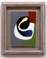 Frederick Hammersley / 
Go between, 1990 / 
oil & cotton on wood / 
9 1/2 x 7 in. (24.1 x 17.8 cm) / 
Private collection, Santa Monica, California