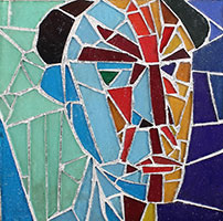 Frederick Hammersley / 
Self portrait, 1957 / 
stained glass on magnesite / 
8 1/2 × 8 in (21.6 x 20.3 cm)  / 
Collection of the New Mexico Museum of Art / 
Gift of Frederick Hammersley Foundation, 2017 / 
© New Mexico Museum of Art