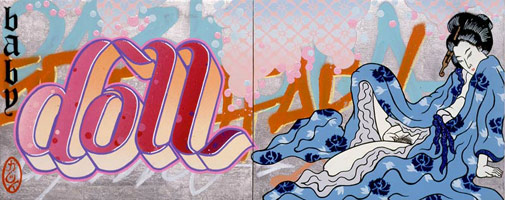 Baby Doll, 2004 / 
        Platinum leaf, spraypaint, Mean Streak, paint marker on wood panel / 
        8 x 20 in. (diptych) / 
        Private collection