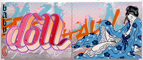 Baby Doll, 2004 / 
        Platinum leaf, spraypaint, Mean Streak, paint marker on wood panel / 
        8 x 20 in. (diptych) / 
        Private collection