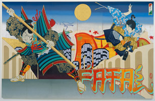 Gajin Fujita  / 
Fatal Match, 2006 / 
gold & silver leaf, acrylic, paint marker, spray paint and Mean Streak on wood panel / 
Six Panels Overall: 83 x 126 in. (210.8 x 320 cm) / 
Each Panel : 83 x 21 in. (210.8 x 53.3 cm) / 
Private collection 