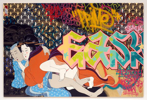 Slow &  Easy, 2006 / 
      gold & silver leaf, acrylic, paint marker, spray paint and Mean Streak on
      6 wood panels / 
      72 x 96 in. (182.9 x 243.8 cm) / 
      Private collection 