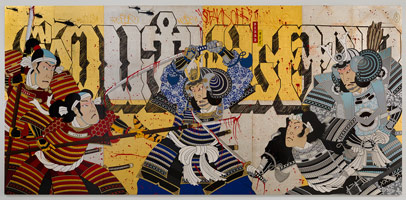 Gajin Fujita / 
Southland Standoff, 2013 / 
12k and 24k gold leaf, spray paint, paint markers, mean streak on wood panels / 
8 panels, overall: 84 x 176 in. (213.4 x 447 cm) / 
Collection of Art Gallery of New South Wales, Sydney, Australia.