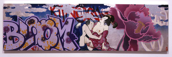 Gajin Fujita / 
Bloom, 2001 / 
spray paint, acrylic, silver & gold leaf on wood panels / 
17 x 60 in (43.2 x 152.4 cm) (diptych) / 
Private collection