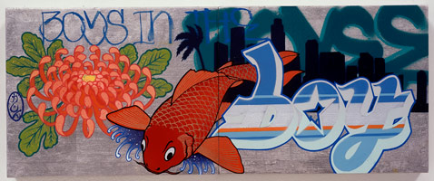 Carp Boy, 2004 / 
      spraypaint, acrylic & white gold leaf on wood panel / 
      8 x 20 in. / 
      Private collection