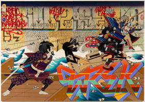 Gajin Fujita  / 
Ship Wrek, 2007 / 
gold leaf, acrylic, paint marker, spray paint and Mean Streak on panel / 
84 x 120 in. (213.4 x 304.8 cm) (6 panels) / 
Private collection