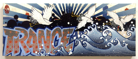 Gajin Fujita  / 
Trance, 2002 / 
spraypaint, acrylic & white gold leaf on wood panel / 
8 x 20 in (20.3 x 50.8 cm) diptych / 
Private collection 