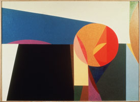 Frederick Hammersley / 
Shape scape, 1958 / 
oil on linen / 
38 x 53 in. (96.5 x 134.6 cm) / 
Collection of San Francisco Museum of Modern Art