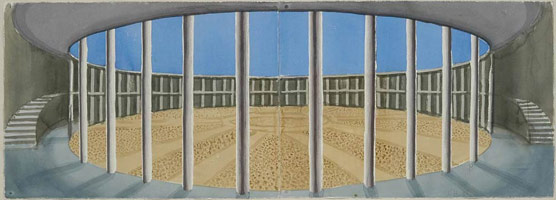 David Hockney / Courtyard, Palace of Carlos V. Alhambra, Granada (Second Version), 2004 / 
        watercolor on paper (2 sheets) / 
        Paper Overall: 29 1/2 x 83 in. (74.9 x 210.8 cm) Framed: 36 1/2 x 90 in. (92.7 x 228.6 cm) / 
        Private collection