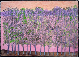 David Hockney / Midfjord. Birches, 2003  / 
        watercolor on paper / 
        Paper: 29 3/4 x 41 3/4 in. (75.6 x 106 cm) Framed: 33 3/4 x 45 1/4 in. (85.7 x 114.9 cm) / 
        Private collection 