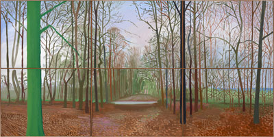 David Hockney  / 
Woldgate Woods, 4, 5 and 6 December, 2006 / 
oil on six canvases  / 
Each: 36 x 48 in. (91.4 x 121.9 cm) Overall: 72 x 144 in. (182.9 x 365.8 cm) / 
Private collection