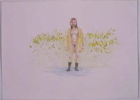 Jessica Minckley / 
Raincoat, 2005 / 
watercolor on paper / 
Paper: 9.75 x 13.75 in. (22.9 x 34.9 cm) / 
Framed: 11 x 15 in. (27.9 x 38.1 cm) / 
Private collection 