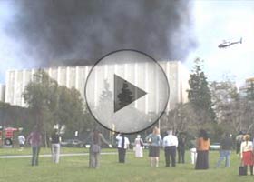 Joe Sola / 
More Cinematic Los Angeles County Museum of Art on Fire, 2004 / 
(Video), (edition of five) / 
DVD video loop with sound dimensions variable
