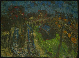 Leon Kossoff / 
Railway Bridge Near Kings Cross, Dark Day, 1967 / 
      oil on board / 
      Unframed: 48 3/8 x 66 1/2 in. (122.9 x 168.9 cm) / 
      Framed: 55 1/8 x 73 1/4 in. (140 x186.1 cm)