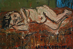 Leon Kossoff  / 
Nude on a Red Bed, 1972 / 
oil on board / 
48 x 72 in (121.9 x 182.9 cm) / 
Private collection 

