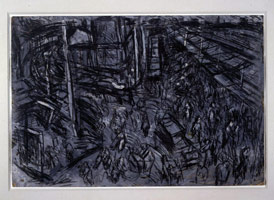 Leon Kossoff  / 
View of Ridley Road Street Market, 1975 / 
charcoal on paper / 
framed: 26 3/4 x 39 3/4 in (67.9 x 101 cm) / 
Private collection 
