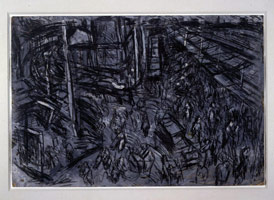 Leon Kossoff  / 
View of Ridley Road Street Market, 1975 / 
charcoal on paper / 
framed: 26 3/4 x 39 3/4 in (67.9 x 101 cm) / 
Private collection 