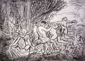 Leon Kossoff / 
Bacchanal before a Herm, 1998 / 
etching  / 
Plate: 16 1/8 x 22 3/8 in (41 x 56.8 cm) / 
Sheet: 22 1/2 x 29 7/8 in (57.2 x 75.9 cm) 