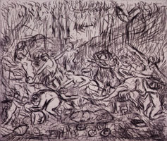 Leon Kossoff / 
The Triumph of Pan from a Poussin drawing (II), 1998 / 
etching / 
Plate: 13 x 15 7/16 in (33 x 39.2 cm) / 
Paper: 22 3/8 x 29 7/8 in (56.8 x 75.9 cm) 