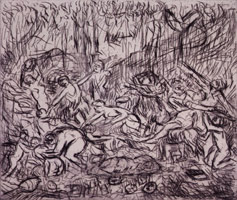 Leon Kossoff / The Triumph of Pan from a Poussin drawing (II), 1998 / etching / Plate: 13 x 15 7/16 in (33 x 39.2 cm) / Paper: 22 3/8 x 29 7/8 in (56.8 x 75.9 cm)