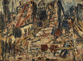 Leon Kossoff / 
YMCA Building Site No. 2, 1971 / 
oil on board / 
44.5 x 60.6 in. (113 x 154 cm) / 
Private collection 