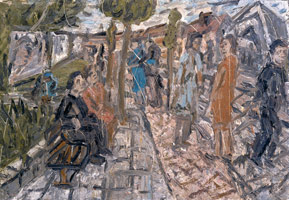 Leon Kossoff / 
A Street in Willesden, Summer, 1983 / 
oil on board / 
54 x 78 in. (137.16 x 198.12 cm) / 
Private collection 