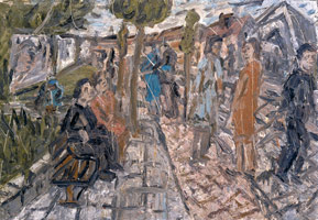 Leon Kossoff / A Street in Willesden, Summer, 1983 / 
oil on board / 
54 x 78 in. (137.16 x 198.12 cm) / 
Private collection