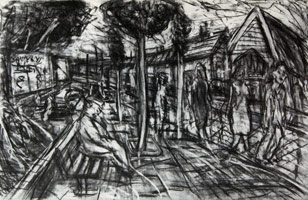 Leon Kossoff / 
A Street in Willesden, 1982 / 
charcoal on paper / 
40 3/4 x 26 1/2 in. (103.5 x 67.31 cm) / 
Private collection 