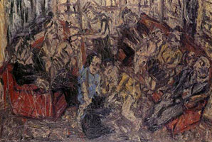 Leon Kossoff / Family Party, January, 1983 / 
oil on board / 
66 x 98 1/4 in. (167.64 x 249.56 cm) / 
Private collection