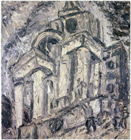 Leon Kossoff / 
Christchurch, Spitalfields, Summer, 1987 / 
oil on board / 
54 x 50 in. (137.2 x 127 cm)