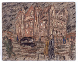 Leon Kossoff / 
Red Brick School Building, Winter, 1982 / 
oil on board / 
48 x 60 in (121.9 x 152.4 cm) 