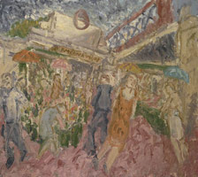 Leon Kossoff / 
The Flower and Fruit Stalls, Embankment, August, 1995 / 
oil on board / 
71 1/2 x 80 in. (180.3 x 203.2 cm)